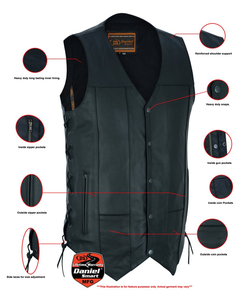 Leather Motorcycle Vest - Men's Tall - Up To Size 5XL - Side Laces - 10 Pocket - Big and Tall - DS144-TALL-DS