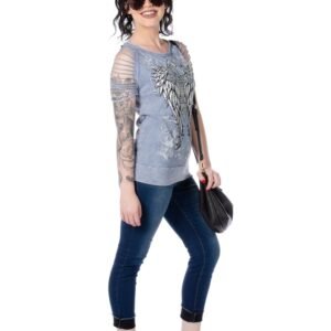 Women's Sliced Short Sleeve Shirt - Cross and Wings - 7746-DS