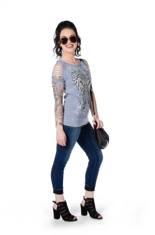 Women's Sliced Short Sleeve Shirt - Cross and Wings - 7746-DS