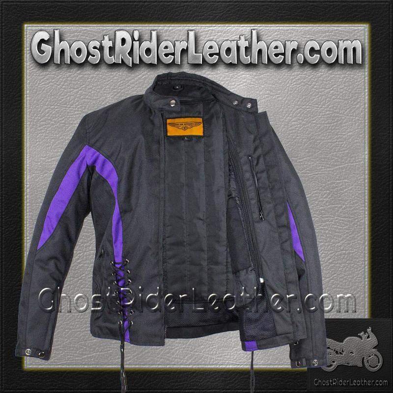 Ladies Textile Racing Jacket In Black and Purple - SKU LJ266-CCN-PURP-DL