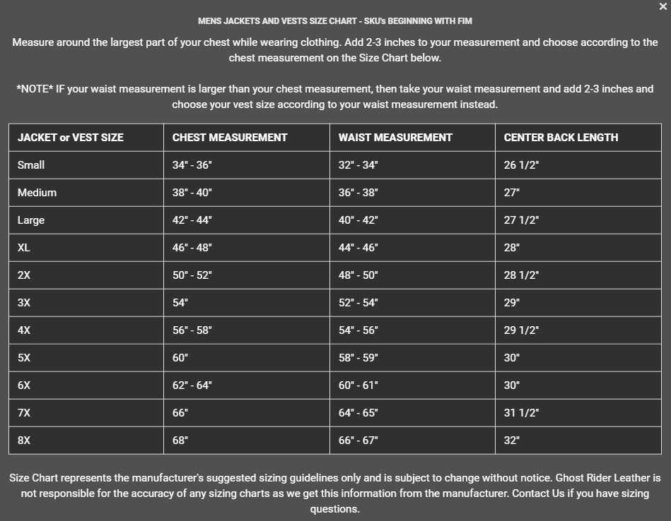 Size Chart for Superstar - Men's Leather Motorcycle Jacket - Up To Size 8XL - SKU FMM200BMP-FM