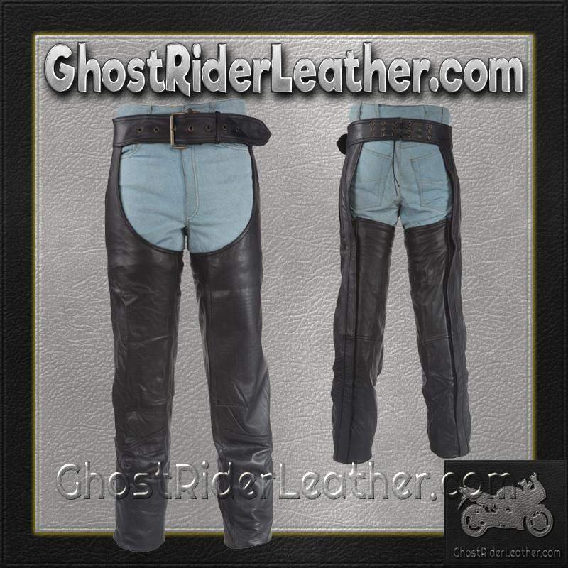 Heavy Duty Motorcycle Leather Chaps With Zipper Pocket for Men or Women - SKU C3000-01/11-DL