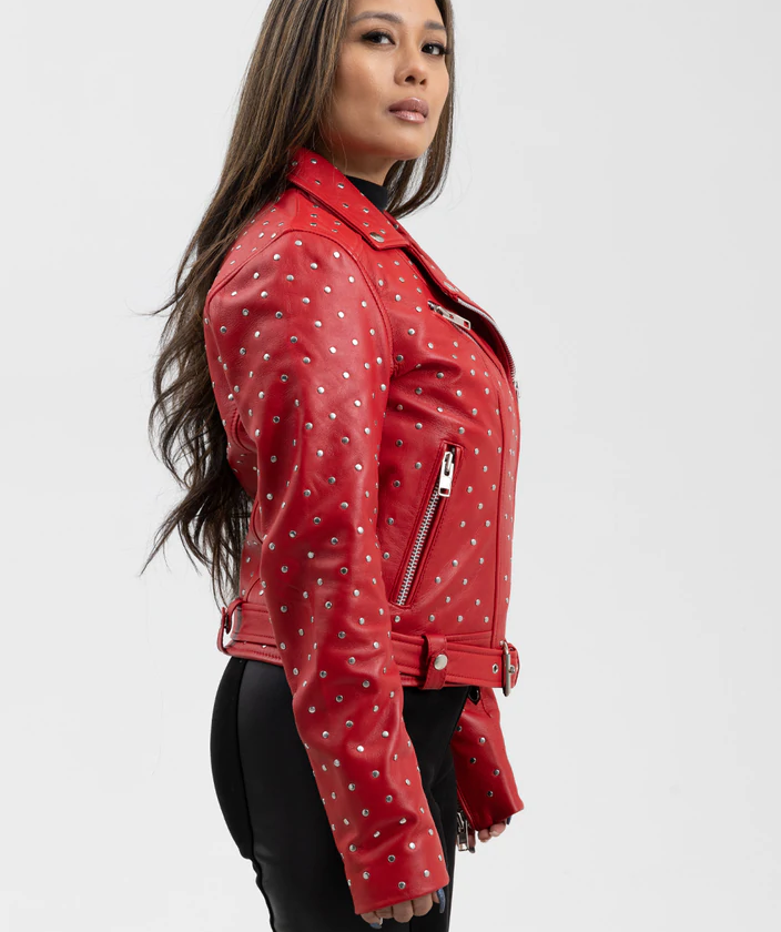 Red Leather Motorcycle Jacket - Women's - Handcrafted Studs - Claudia - WBL1723-RED-FM