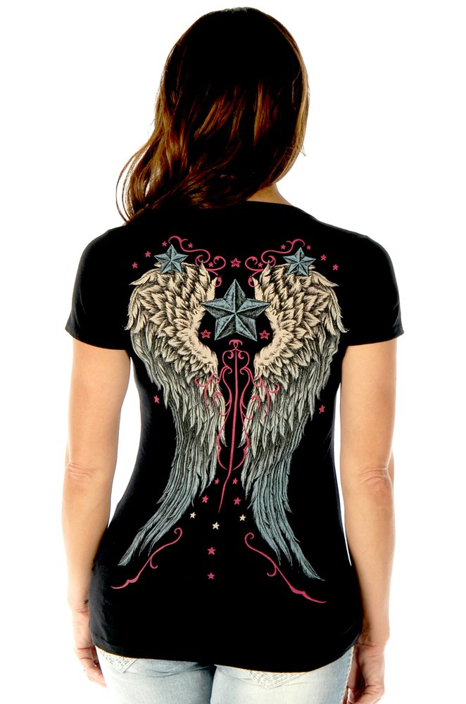 Women's Vintage Wings and Stars Shirt - Short Sleeves - SKU 7154BLK-DS