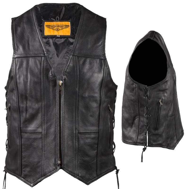 Leather Motorcycle Vest - Men's - Zipper Front - Ten Pockets - Side Laces - MV310-ZIP-SS-DL