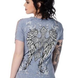 Women's Sliced Short Sleeve Shirt - Cross and Wings - 7746-DS