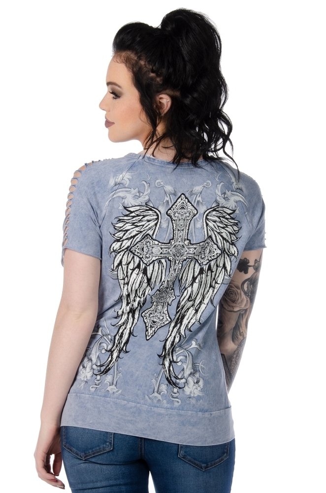 Women's Sliced Short Sleeve Shirt - Cross and Wings - 7746-DS