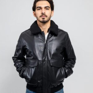 Leather Bomber Jacket - Men's - Black - Faux Shearling Collar - FMM219BP-FM