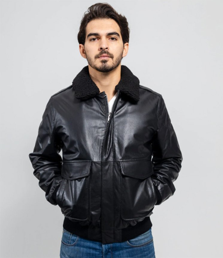 Leather Bomber Jacket - Men's - Black - Faux Shearling Collar - FMM219BP-FM