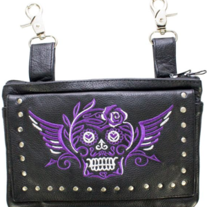 Leather Belt Bag - Purple - Sugar Skull Design - Handbag - BAG35-EBL19-PURP-DL