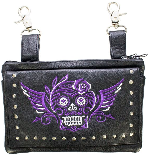 Leather Belt Bag - Purple - Sugar Skull Design - Handbag - BAG35-EBL19-PURP-DL