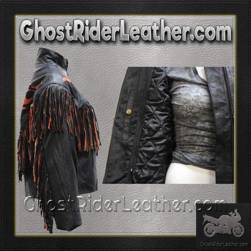 Ladies Leather Jacket With Orange Flames and Fringe - SKU LJ259-DL