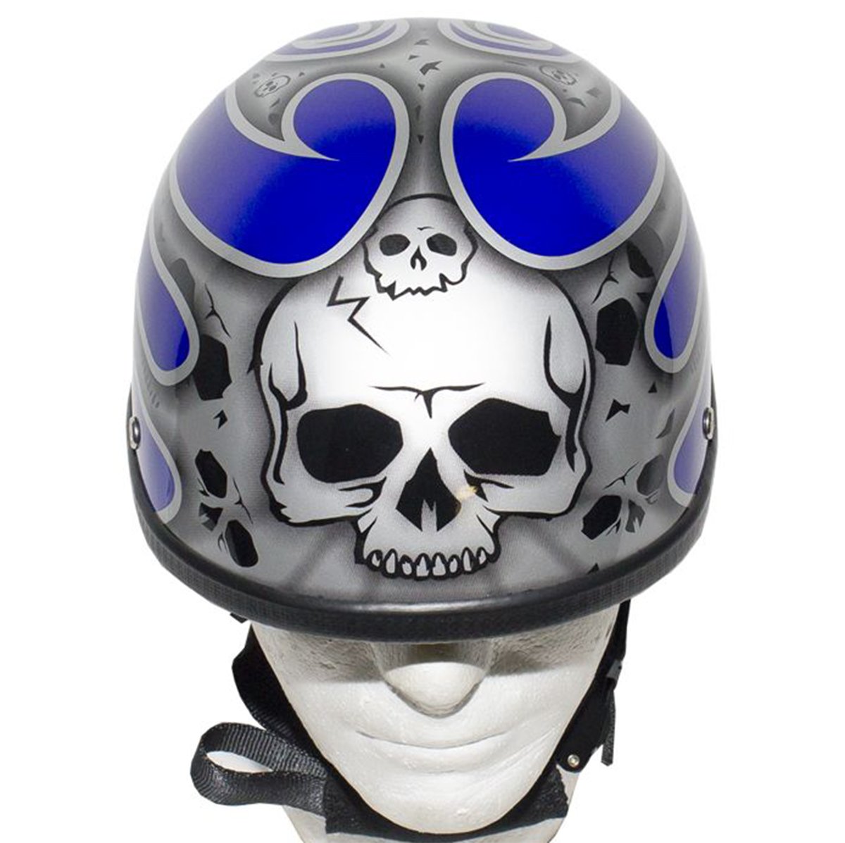 Novelty Motorcycle Helmet - Silver Skulls - Blue Flames - H401-D4-BLUE-1-DL