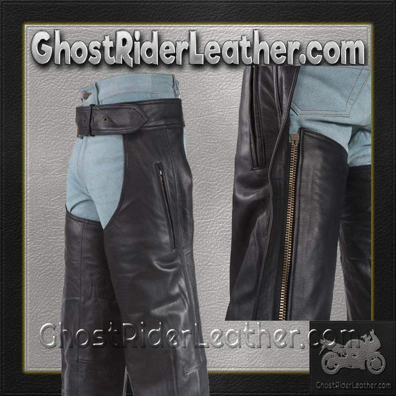 Leather Motorcycle Chaps -Unisex - Heavy Duty - Zipper Pocket - Men or Women - C3000-01/11-DL