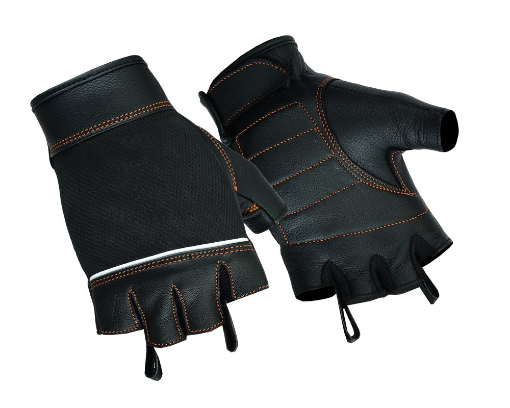 Mesh and Leather Motorcycle Gloves - Women's - Orange Contrast Stitching - Fingerless - DS2429-DS