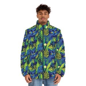 Cat Hiding in the Plants - Blues Greens Yellow - Multi Color - Men's Puffer Jacket