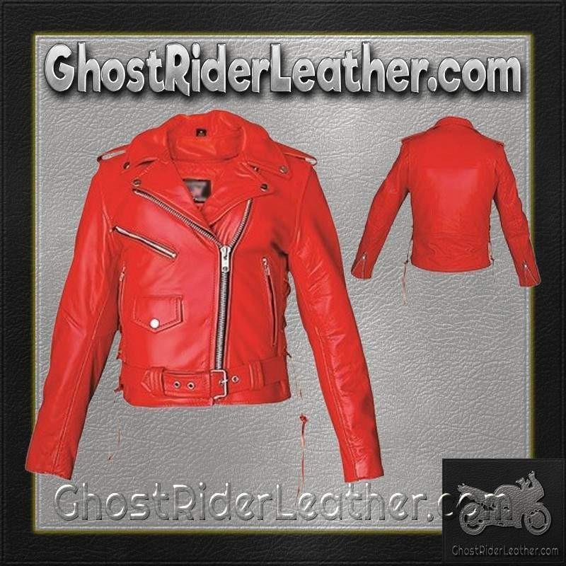 Ladies Classic Biker Red Leather Motorcycle Jacket - SKU AL2122-AL