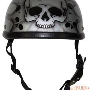 Novelty Motorcycle Helmet - Silver Skulls - Silver Flames - H401-D4-SILVER-DL