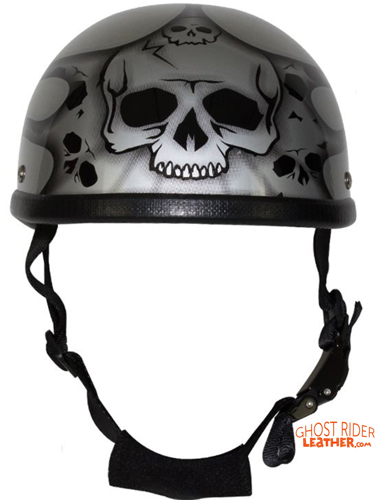 Novelty Motorcycle Helmet - Silver Skulls - Silver Flames - H401-D4-SILVER-DL