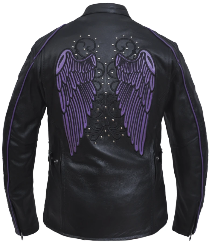 UNIK Ladies Racer Style Leather Motorcycle Jacket With Purple Wings - 6824-17-UN