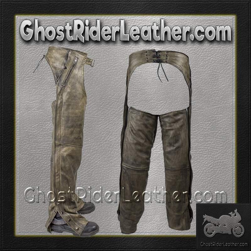 Mens Leather Chaps in Naked Distressed Brown Leather - SKU GRL-C334-12-DL