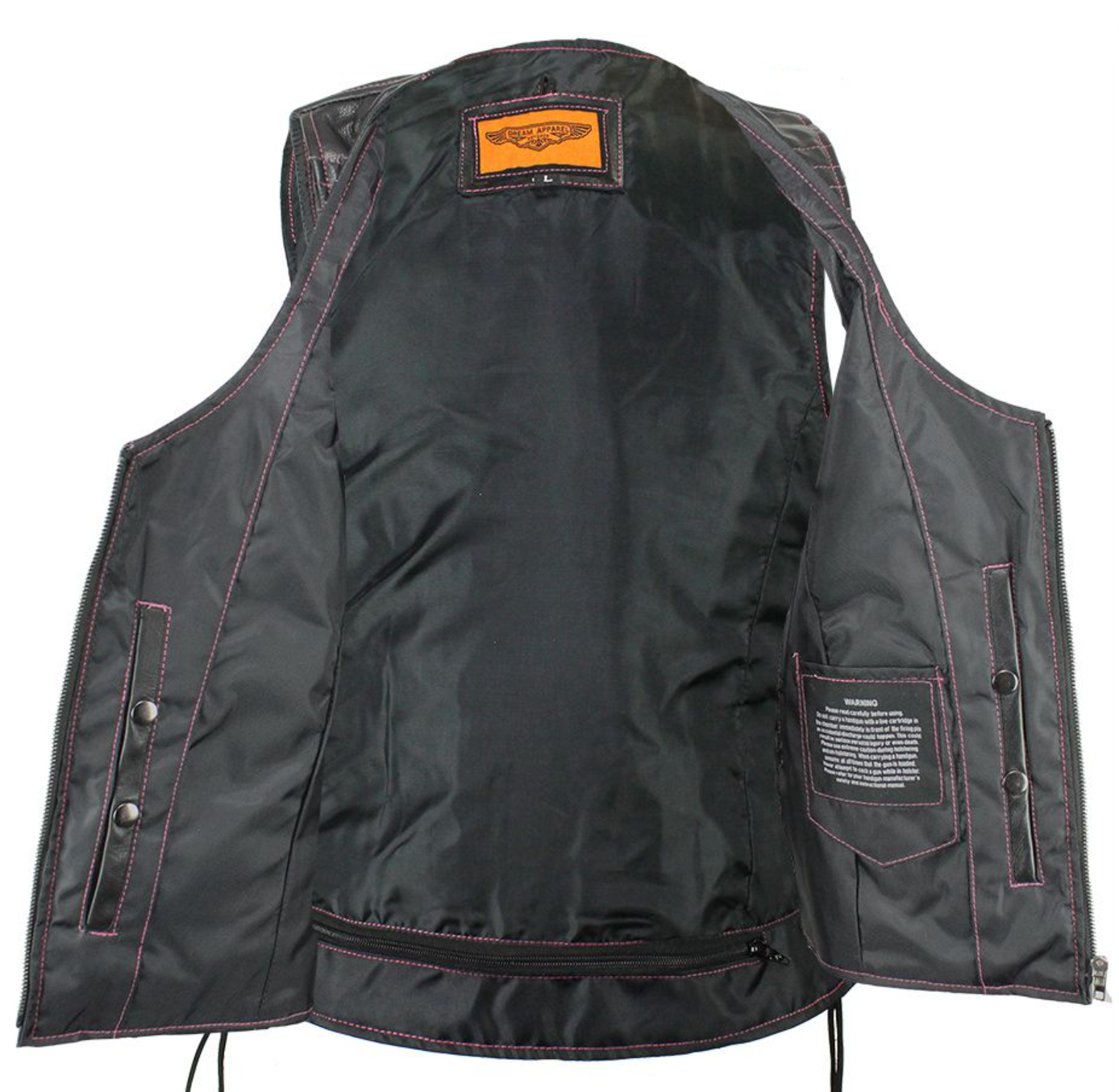 Leather Vest - Women's - Concealed Gun Pockets - Pink Stitching - LV8526-11-PINK-DL