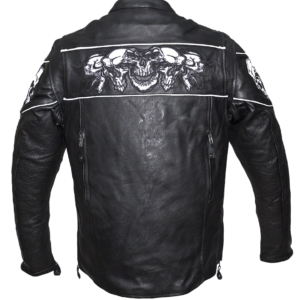 Racer Leather Jacket with Reflective Skulls and Concealed Carry Pocket - SKU MJ825-11-DL