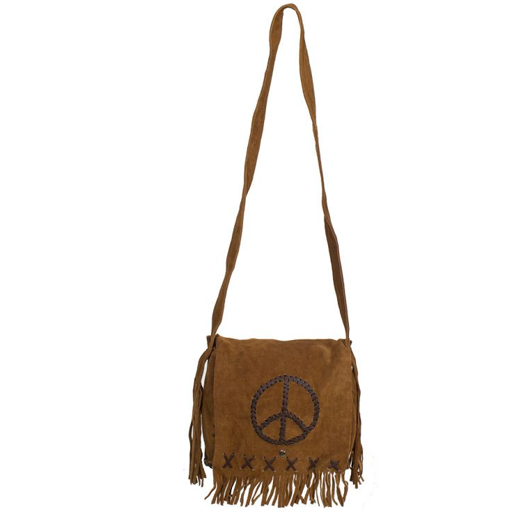 Brown Suede Leather Purse - Peace Sign - Fringe - Handbag - AC2050-DL