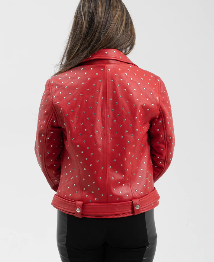 Red Leather Motorcycle Jacket - Women's - Handcrafted Studs - Claudia - WBL1723-RED-FM