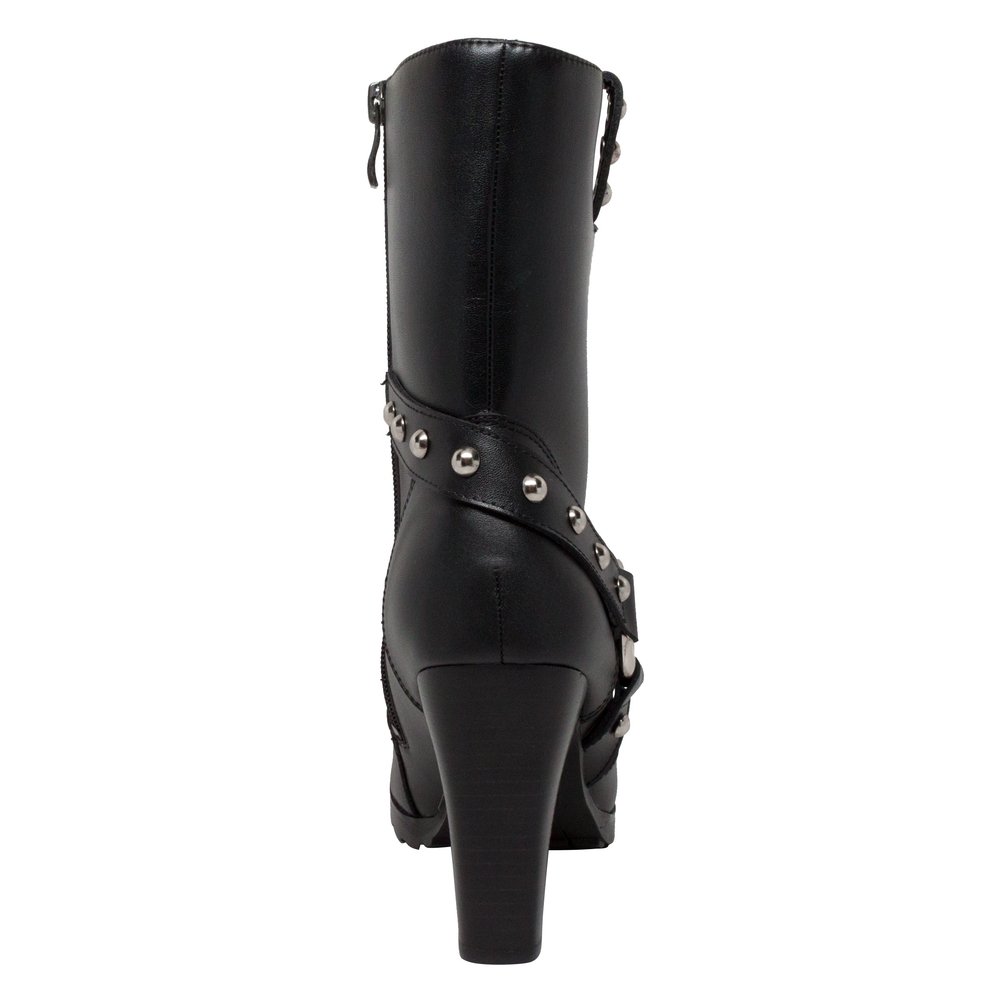 Women's Black Leather Heeled Harness Motorcycle Boots With Studs - Biker Boots - 8546-DS