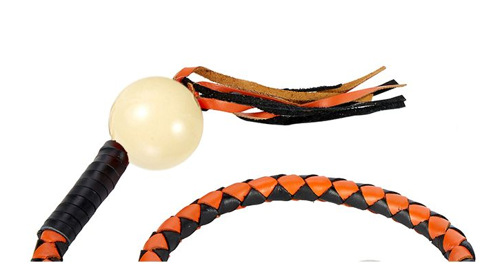 Get Back Whip in Black and Orange Leather With White Pool Ball - 42 Inches - GBW9-WHITE-BALL-DL