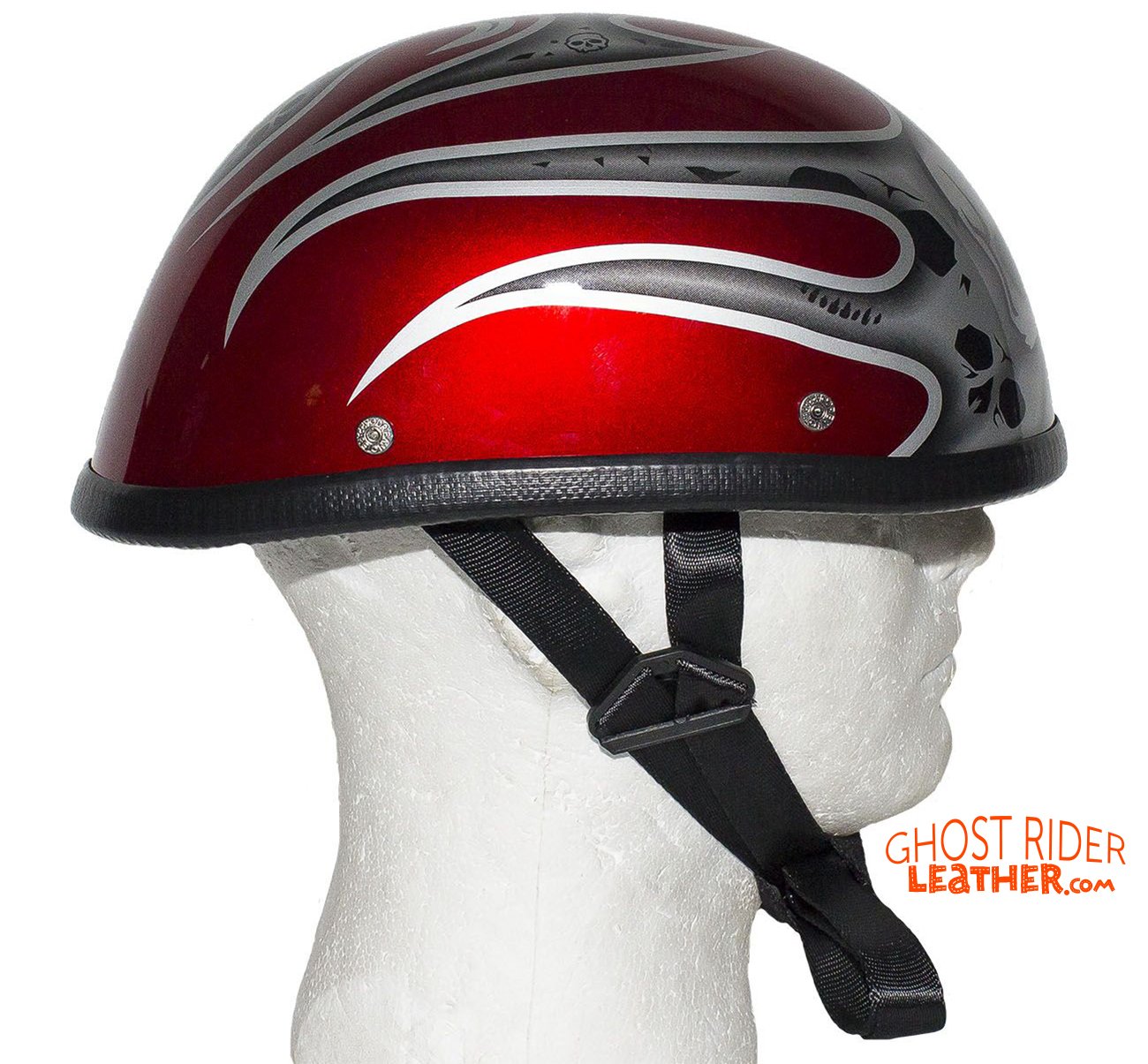 Novelty Motorcycle Helmet - Silver Skulls - Burgundy Flames - H401-D4-BURG-1-DL