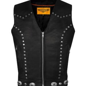 Leather Motorcycle Vest - Women's - Studs - Conchos - Zipper - N-LV8505-11-DL