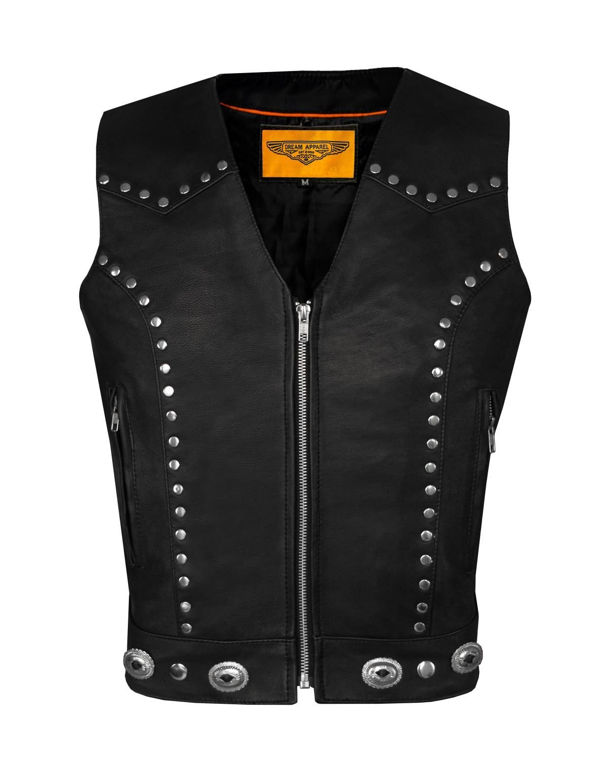 Leather Motorcycle Vest - Women's - Studs - Conchos - Zipper - N-LV8505-11-DL