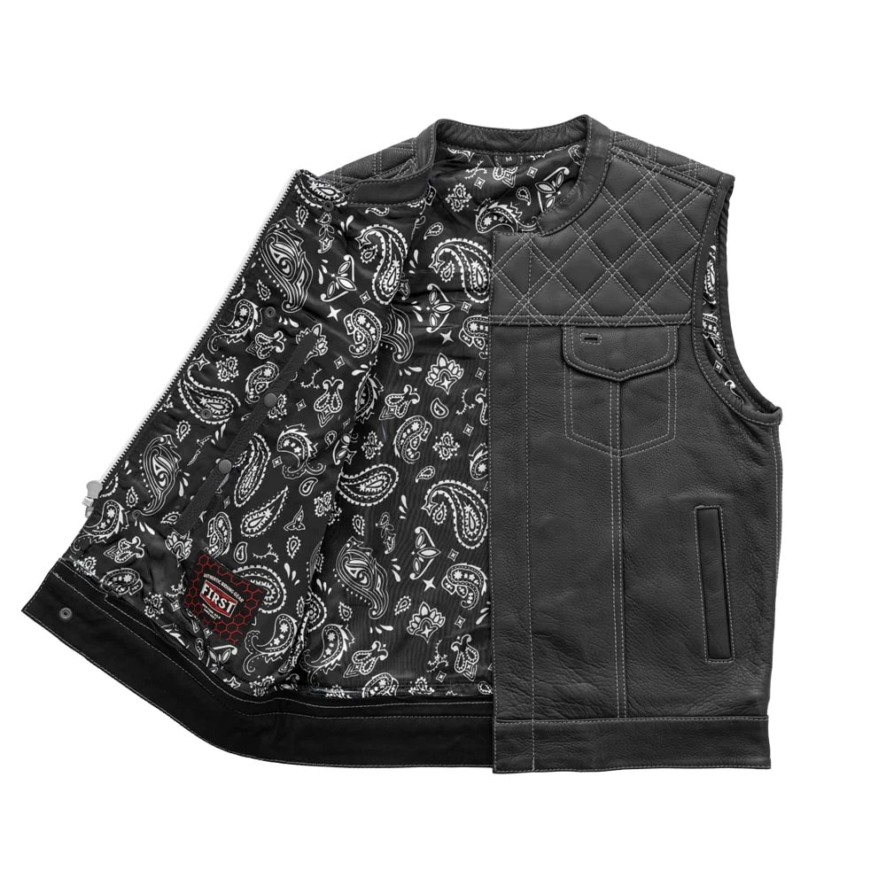 Leather Motorcycle Vest - Men's - Downside - Black with White Stitching - Up To 5X - FIM693-QLT-WH-FM