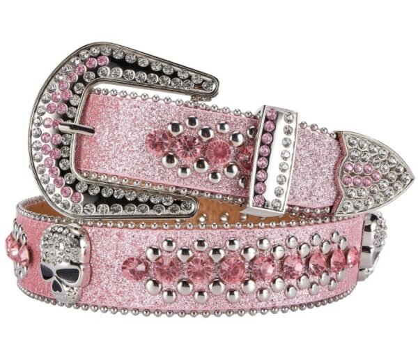 Unisex Rhinestone Bling Belt - Pink and Silver - Skulls - Rhinestones - Faux Leather - FBL23-DL