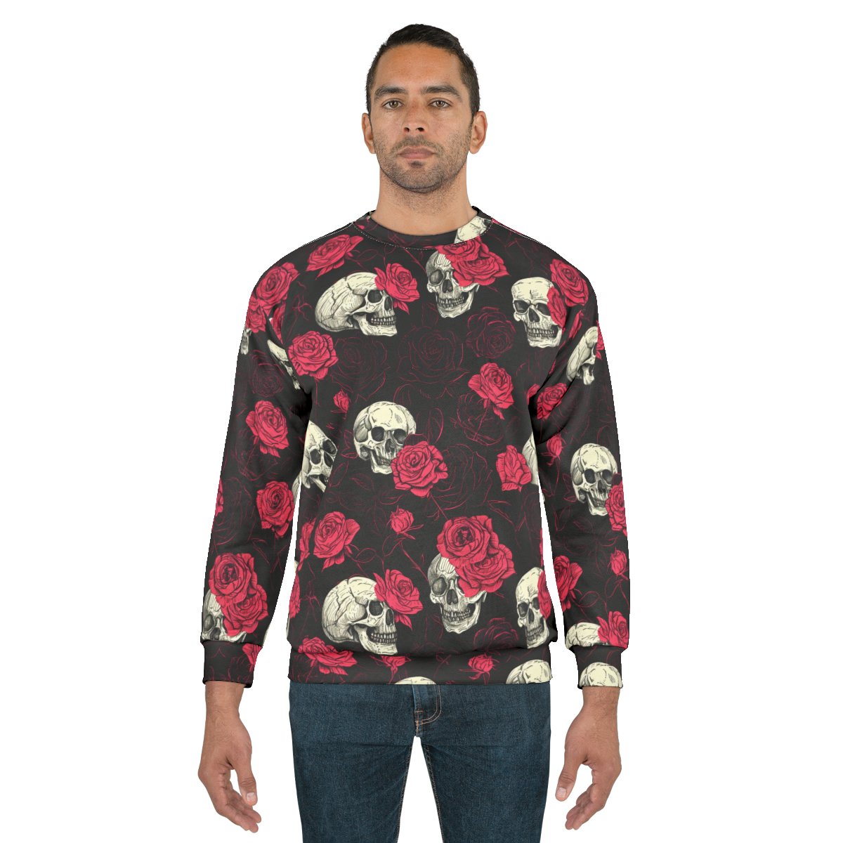 Skulls and Roses - Pink White on Black - Unisex Sweatshirt (AOP)