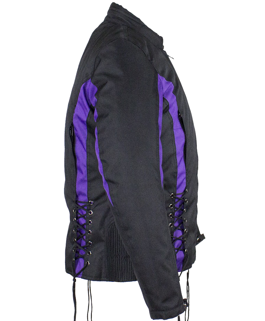 Ladies Textile Racing Jacket In Black and Purple - SKU LJ266-CCN-PURP-DL