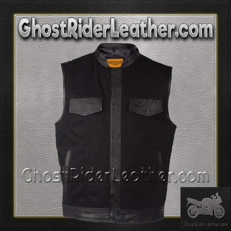 Mens Black Denim Club Vest with Leather Trim - SKU MV8019-ZIP-BD-DL