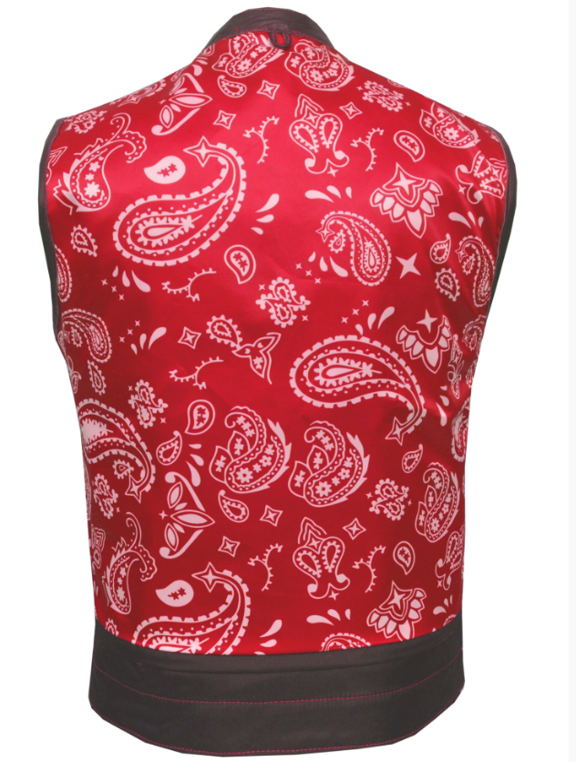 Leather Motorcycle Vest - Men's - Up To 8XL - Red Paisley Liner - 6665-01-UN