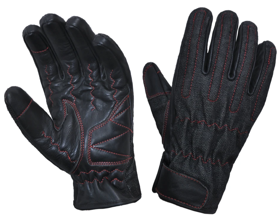 UNIK Full Finger Black Denim - Leather Reinforced Gloves with Red Stitching - SKU 8168-00-UN