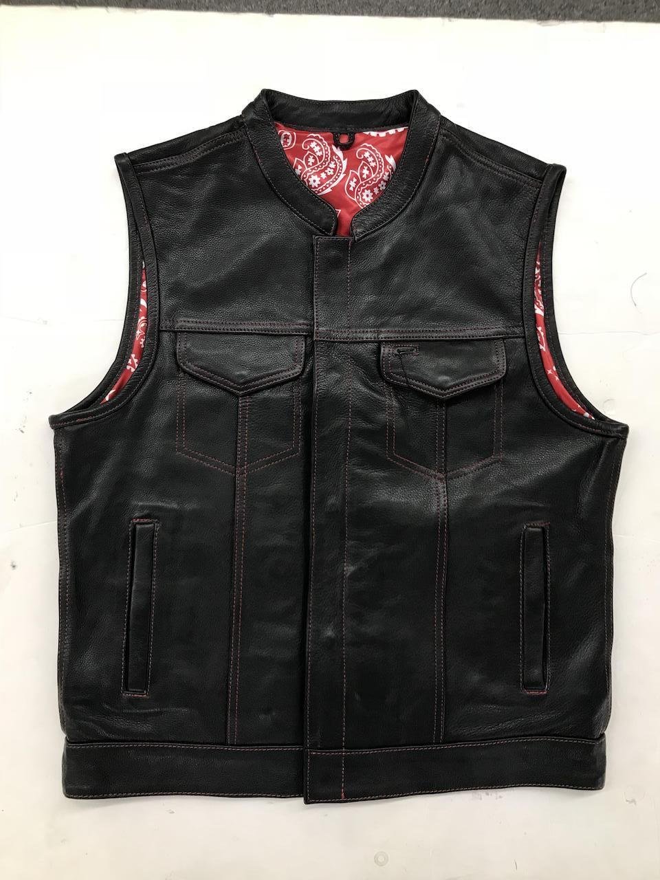 Leather Motorcycle Vest - Men's - Up To 8XL - Red Paisley Liner - 6665-01-UN