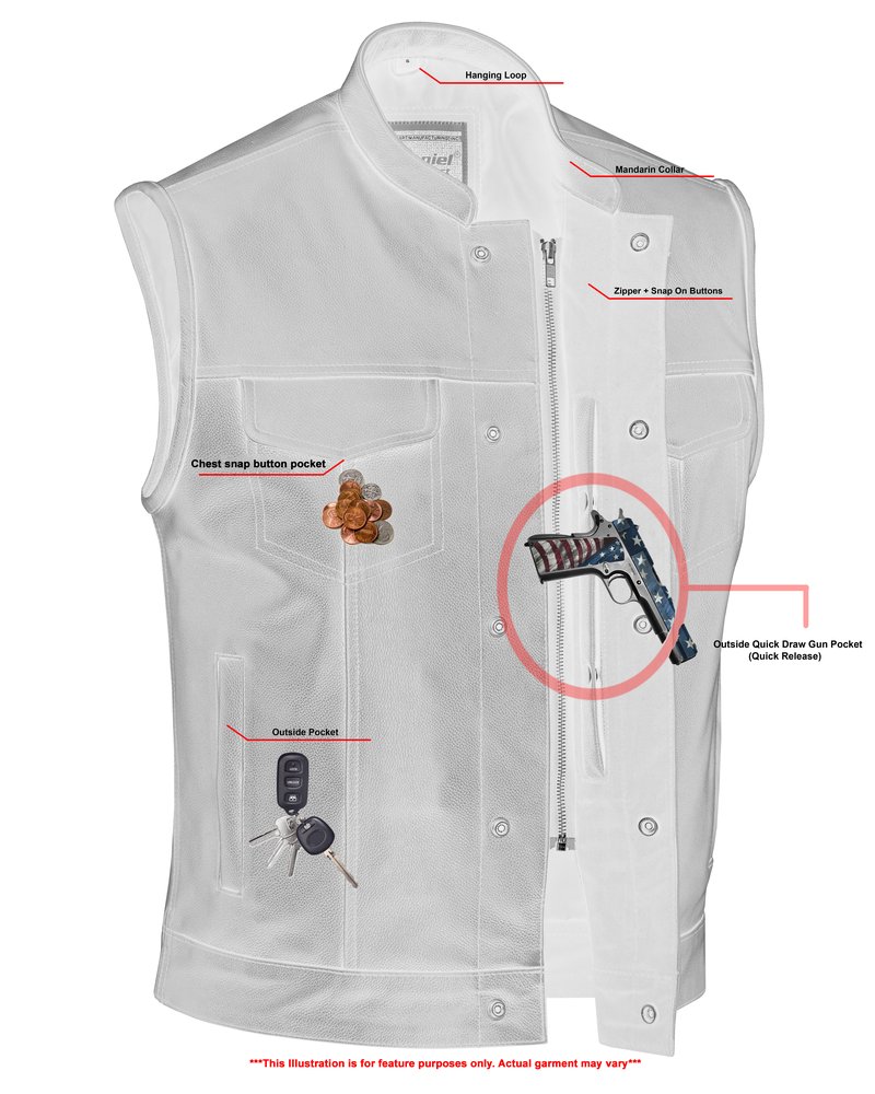 Leather Motorcycle Vest - Men's - Gun Pockets - Up To 12XL - Big and Tall - DS189A-DS