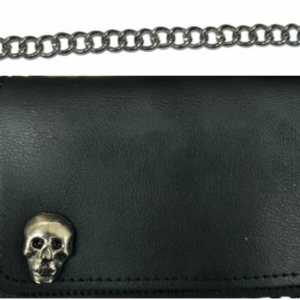 6 inch Black Leather Biker Chain Wallet With Skulls - Bi-fold - SKU 5743-SKL-UN