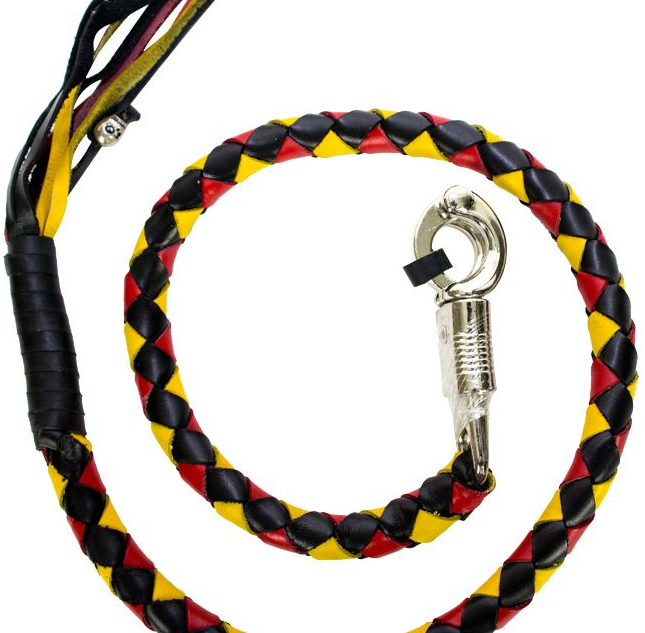Get Back Whip - Black Yellow and Red Leather - 42" Long - Motorcycle Accessories - GBW19-11-DL