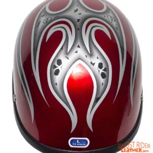 Novelty Motorcycle Helmet - Silver Skulls - Burgundy Flames - H401-D4-BURG-1-DL
