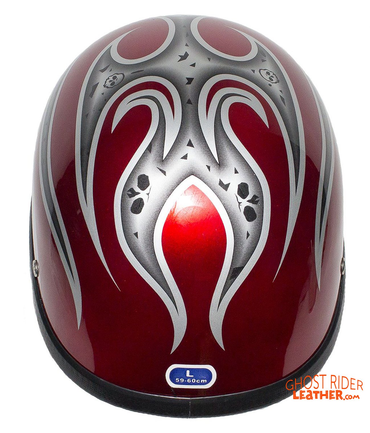 Novelty Motorcycle Helmet - Silver Skulls - Burgundy Flames - H401-D4-BURG-1-DL