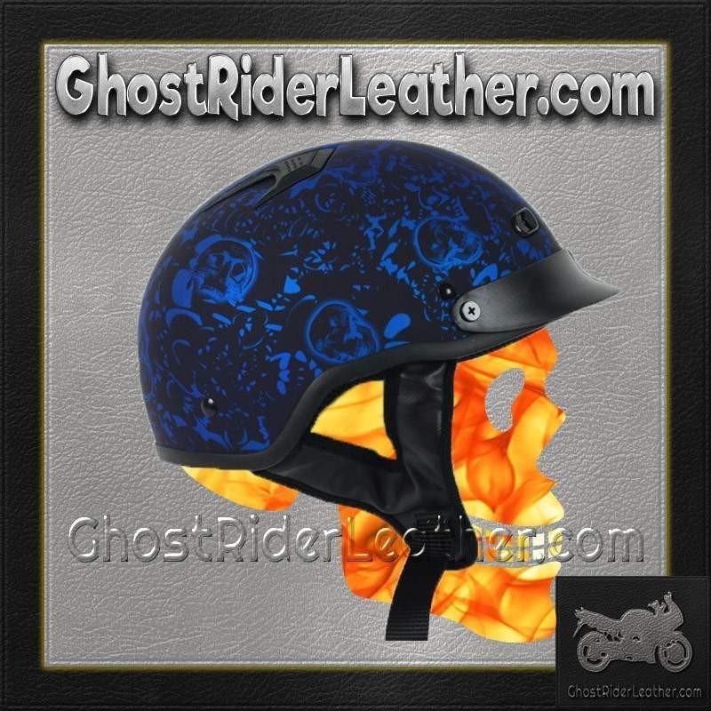 DOT Motorcycle Helmet - Flat Blue Boneyard - Skulls - Shorty - 1FBYB-HI