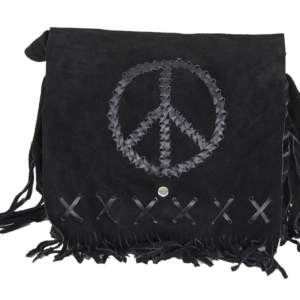 Black Suede Leather Purse - Peace Sign - Fringe - Handbag - AC2050-BLK-DL