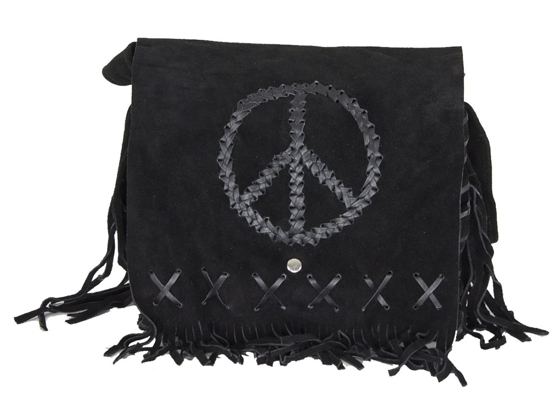 Black Suede Leather Purse - Peace Sign - Fringe - Handbag - AC2050-BLK-DL